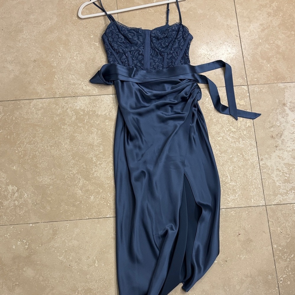 Cami NYC Navy Lace Satin Midi Dress
